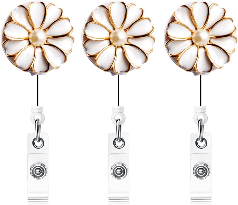 Retractable Badge Holder, ID Badge Reel with Pearl, 3 Pack (White)