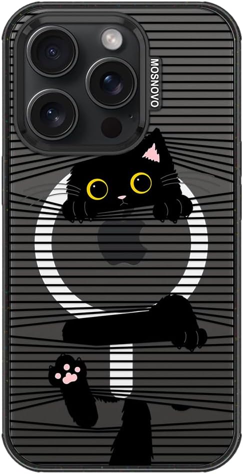 MOSNOVO Magnetic Case for iPhone 15 Pro, 10ft Military-Grade Protection, Compatible with Magsafe, Shockproof Phone Case for iPhone 15 Pro - Hidden Black Cat - Clear Black