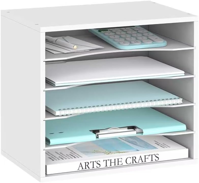 SUPEASY Wood Desk Organizer, 5 Tier Paper File Organizer for Desk, Wooden Desktop Organizer, Paper Letter Literature Mail Sorter, for Office School & Home Organization, White