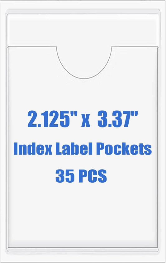 Origin-Joy 35 PCS Self Adhesive Index Card Pockets with Top Open, Clear Plastic Label Holder for Notes, Library and Business, Adhesive Label Pockets & Card Holder (2.125 x 3.37 inch)