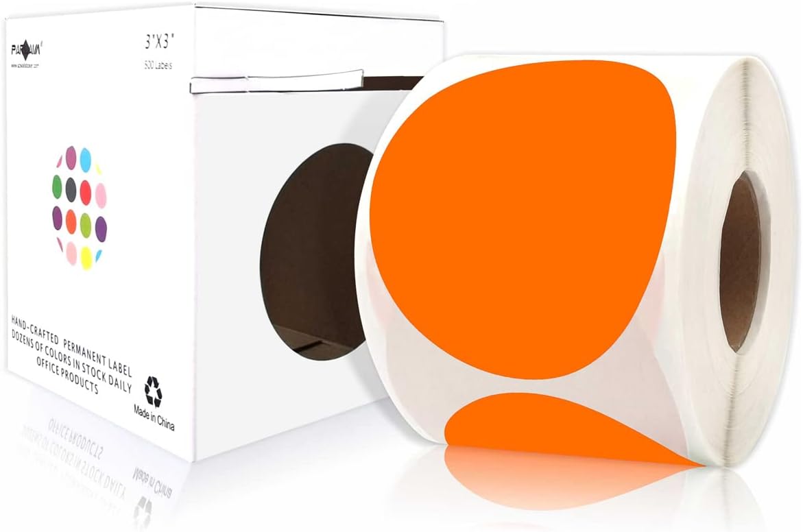 PARLAIM 3 Inch Round Permanent Color-Code Dot Stickers, 500 Color Coding Circle Labels per Roll, 3" Dispenser Box for Inventory, Orange