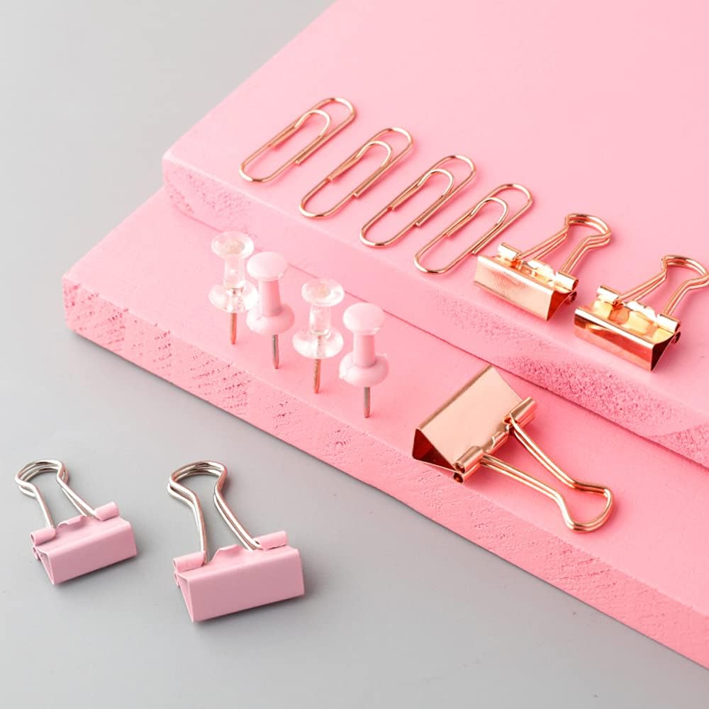 Paper Clips and Binder Clips Set, 3 Pack, 216 pcs, Metal Assorted Sized Binders with Push Pins, Cute Rose Gold Office Supplies for Desk, Desk Accessories