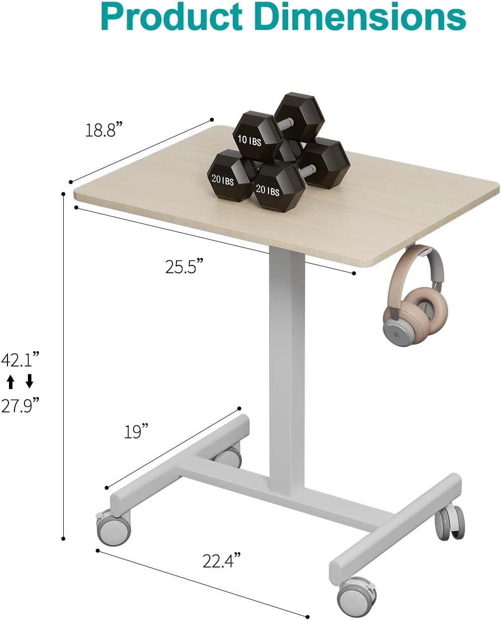 Mobile Small Standing Desk, Gas Spring Adjustable Height Rolling Portable Laptop Desk with Lockable Wheels, Computer Workstation, Rolling Podium (Maple Top + White Frame, 18 * 26)