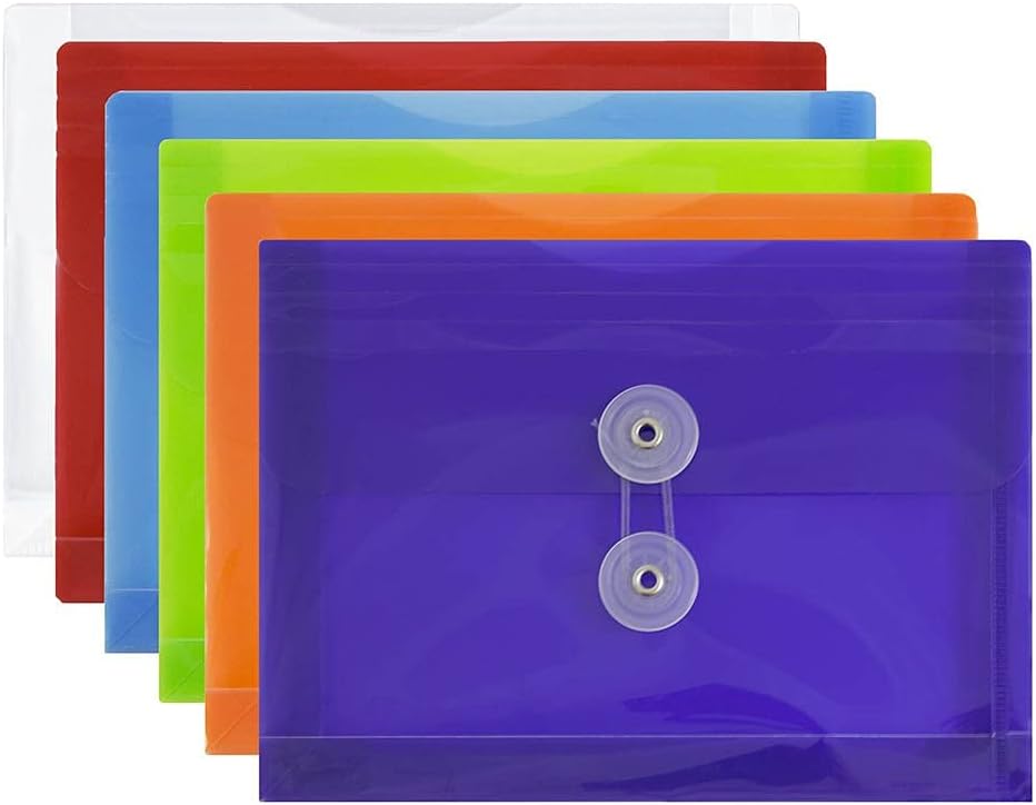 JAM PAPER Plastic Envelopes with Button & String Tie Closure - Index Size - 5 1/2 x 7 1/2 - Assorted Colors - 6/Pack