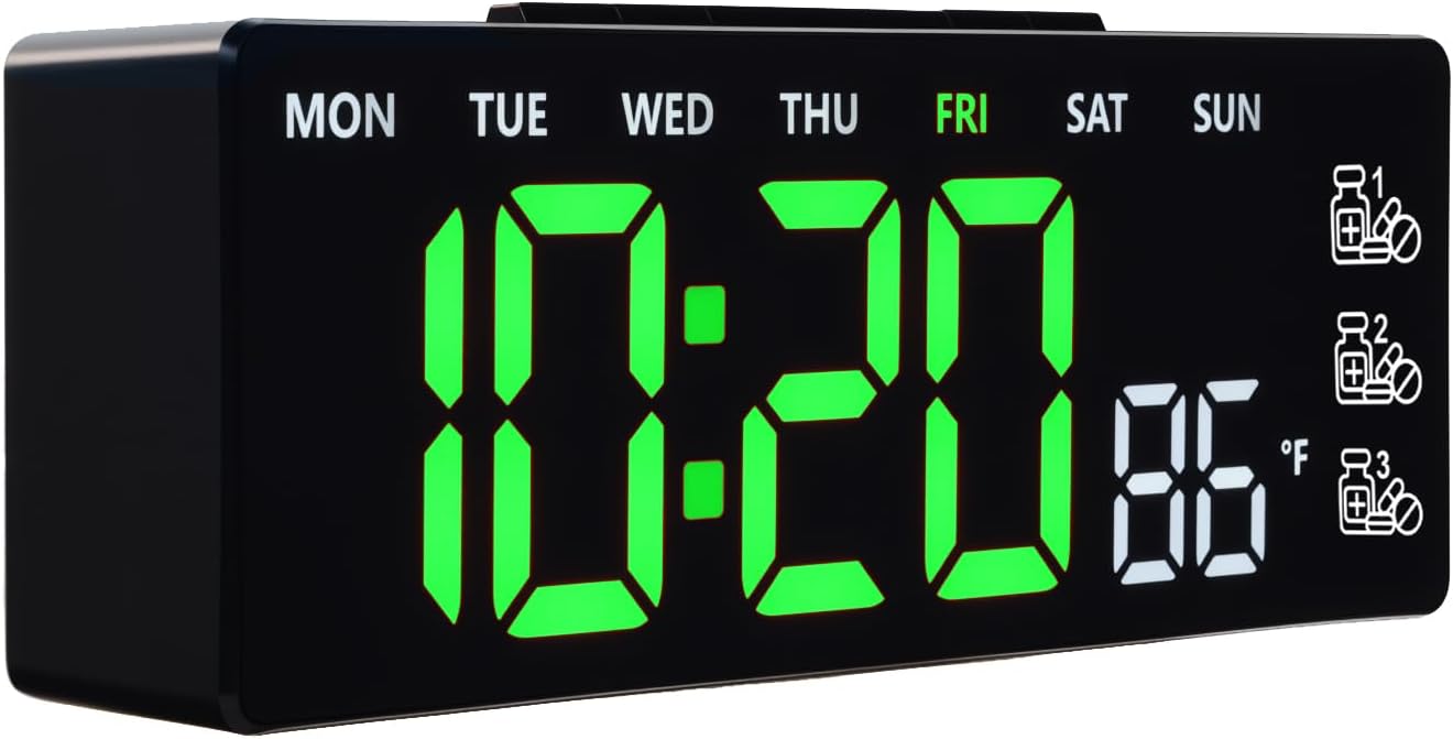 8 Inch LED Digital Desk Clock with Medication Reminders – Large Display with Time, Date, Day, Temperature, Triple Pill Alerts, Dual Alarm, Silent Clock for Home and Office,Green