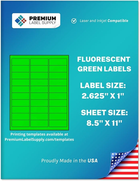 Premium Label Supply Bright Neon Color Fluorescent Stickers - 2.625" x 1" Address Labels - (Fluorescent Green, 15000 Labels)