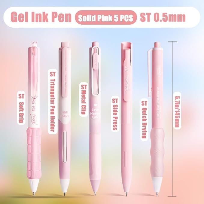 10 Count Pastel Gel Ink Pen Set,Cute Note Taking 0.5mm Fine Point Retractable 10 Count Black Ink Pens with for Writing, Journaling, School, Office (Pink)