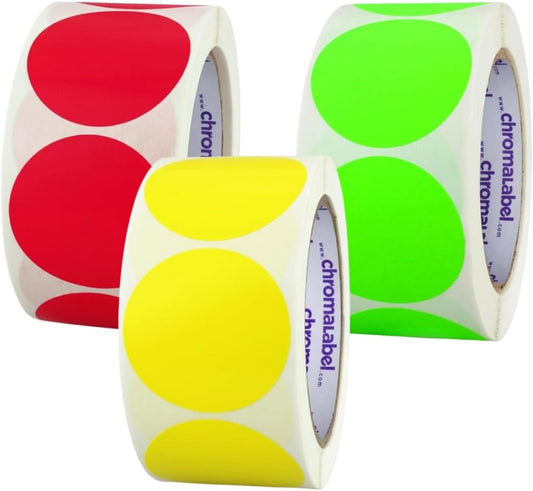 ChromaLabel 2 Inch Round Colored Stickers, Permanent Sticky Dots Color Coding Labels, Ideal Colored Dot Stickers, 500 Sticker Dots per Roll, Red, Fluorescent Green, and Yellow Sticker Labels