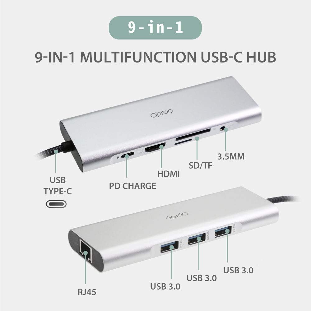 9-in-1 USB C Hub Multiple Adapter, 3 USB 3.0 Ports up to 5Gbps Transfer, 4K@30Hz HDMI, 60W PD, SD/TF Card Reader, 3.5mm Audio Jack & Ethernet, USB-C Hub for MacBook and Other Type-C Devices