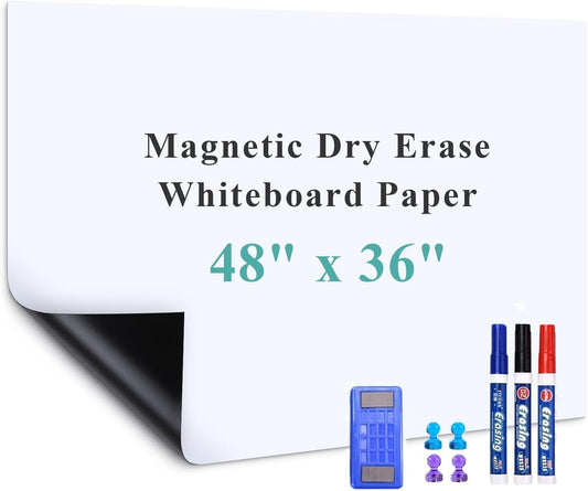 Magnetic Dry Erase Whiteboard Paper, 48" W x 36" H Self Adhesive Whiteboard for Wall, Easy to Write and Clean Dry Erase Board for Kids, Office, Home, with Marker, Magnetic Eraser and Magnets