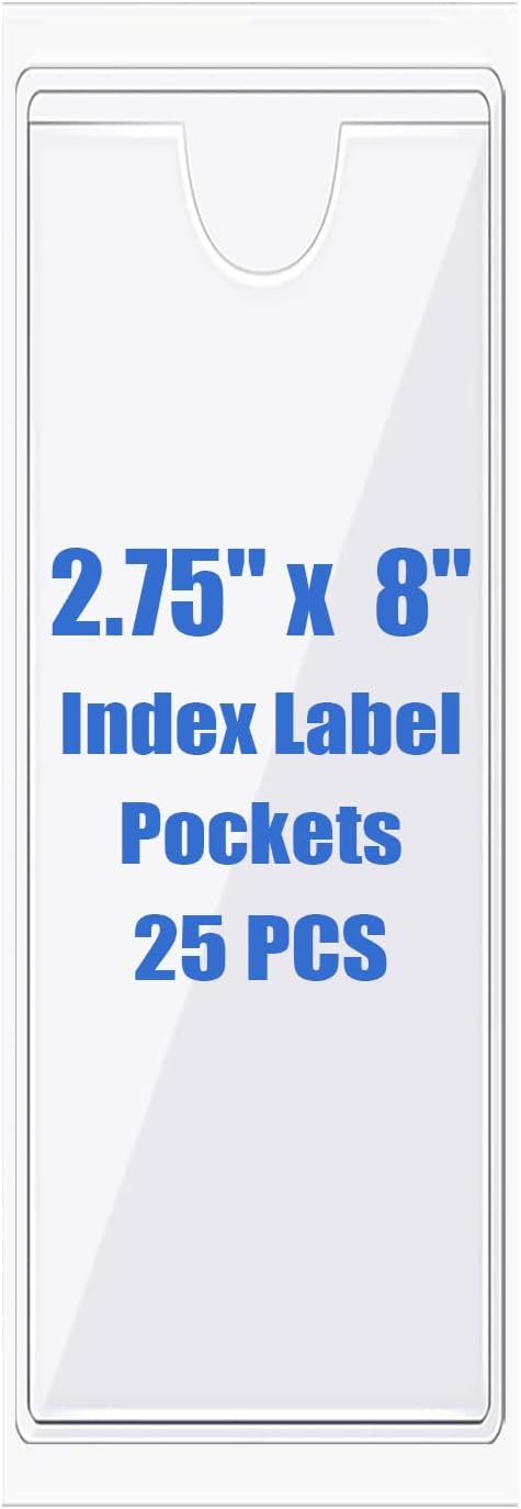 Origin-Joy 25 PCS Self-Adhesive Index Label Pockets, Clear Plastic Peel & Stick Card Holders with Top Open for Loading (2.75 x 8 inch)