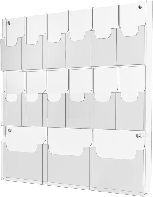 Acrylic Brochure Pamphlet Holder, 3 Magazine Holders and 12 Pamphlet Holders, Clear Brochure Display Holder Wall Mount, Trifold Flyer Rack, Literature Storage Rack for Home, Offices, Waiting Room