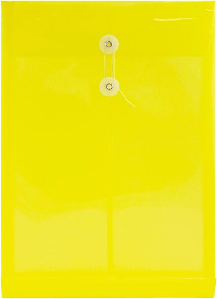 JAM PAPER Plastic Envelopes with Button & String Tie Closure - Legal Open End - 9 3/4 x 14 1/2 - Yellow - 12/Pack