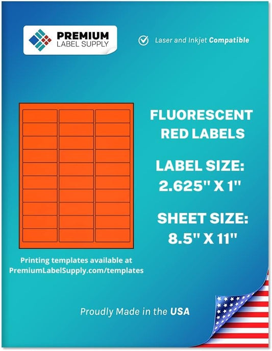 Premium Label Supply Bright Neon Color Fluorescent Stickers - 2.625" x 1" Address Labels - (Fluorescent Red, 750 Labels)