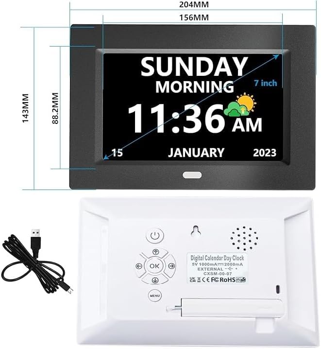 7 Inch Digital Clock with Day and Date for Elderly Alzheimer's Clock Customizable Alarms 3 Display Modes Large Font Alarm Clock for Seniors Auto DST Black