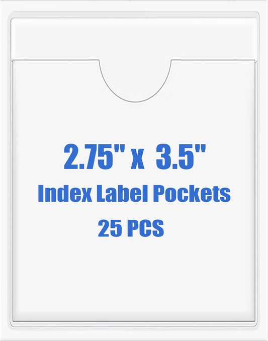 Origin-Joy 25 PCS Self-Adhesive Index Label Pockets, Clear Plastic Peel & Stick Card Holders with Top Open for Loading (2.75 x 3.5 inch)
