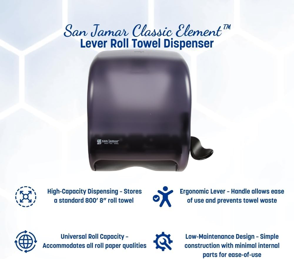 San Jamar Classic Element Paper Towel Dispenser Wall-Mounted Commercial Roll Dispenser, Fits All Core Sizes with Lever for Bathroom, Kitchens, and Restaurants, Plastic, Universal Paper, Black Pearl