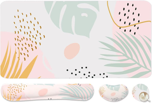 Keyboard Mouse Pad Set, Extended Mouse Pad+Keyboard Wrist Rest Support, Memory Foam Ergonomic Easy Typing, 3Pcs (35.4×15.7 in) Desk Pad Set for Home Office Study Game-Plant