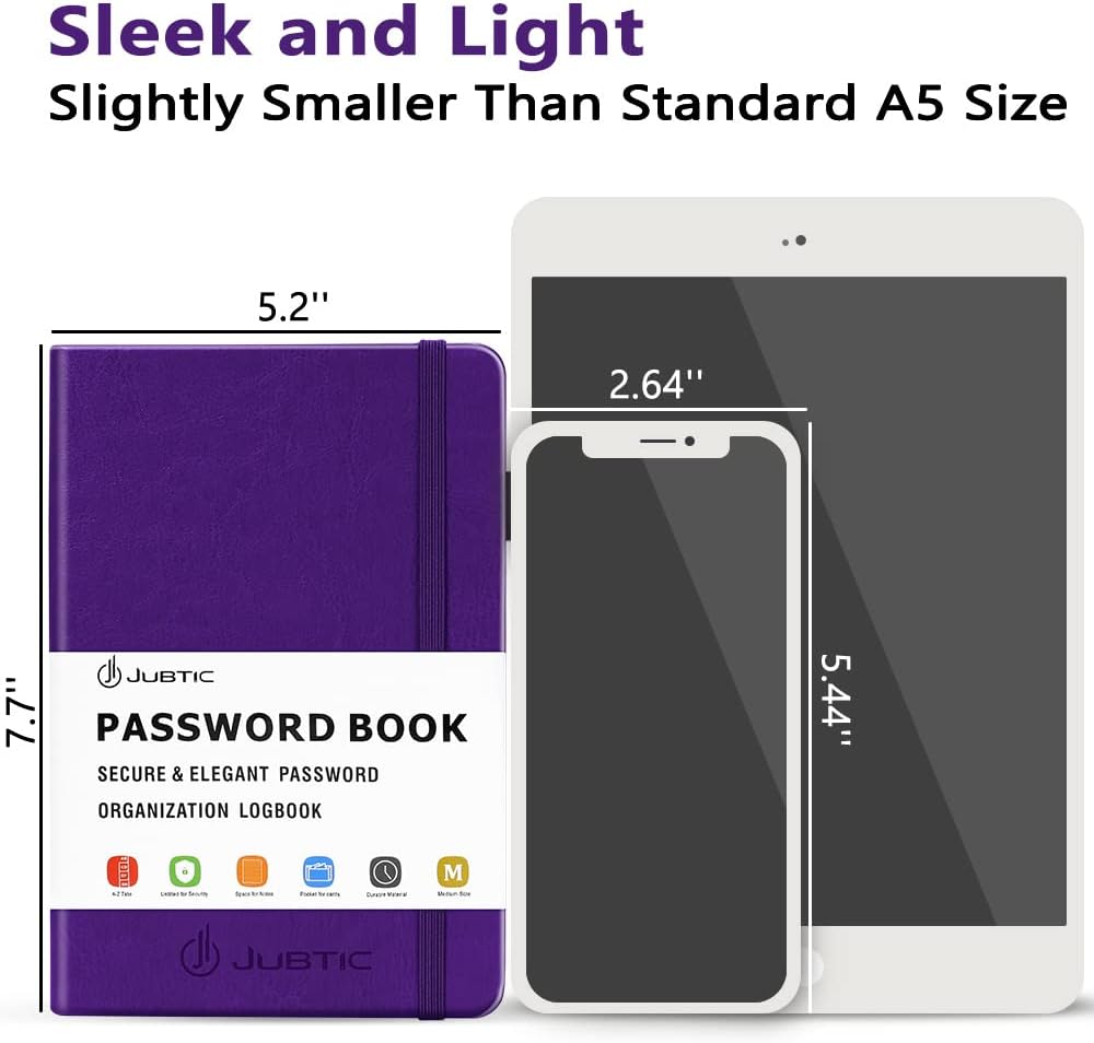 JUBTIC Password Book with Alphabetical Tabs. Medium Size Password Keeper Logbook for Internet Log in, Website Address. Hardcover Password Journal Notebook & Organizer for Home Office, Violet Purple