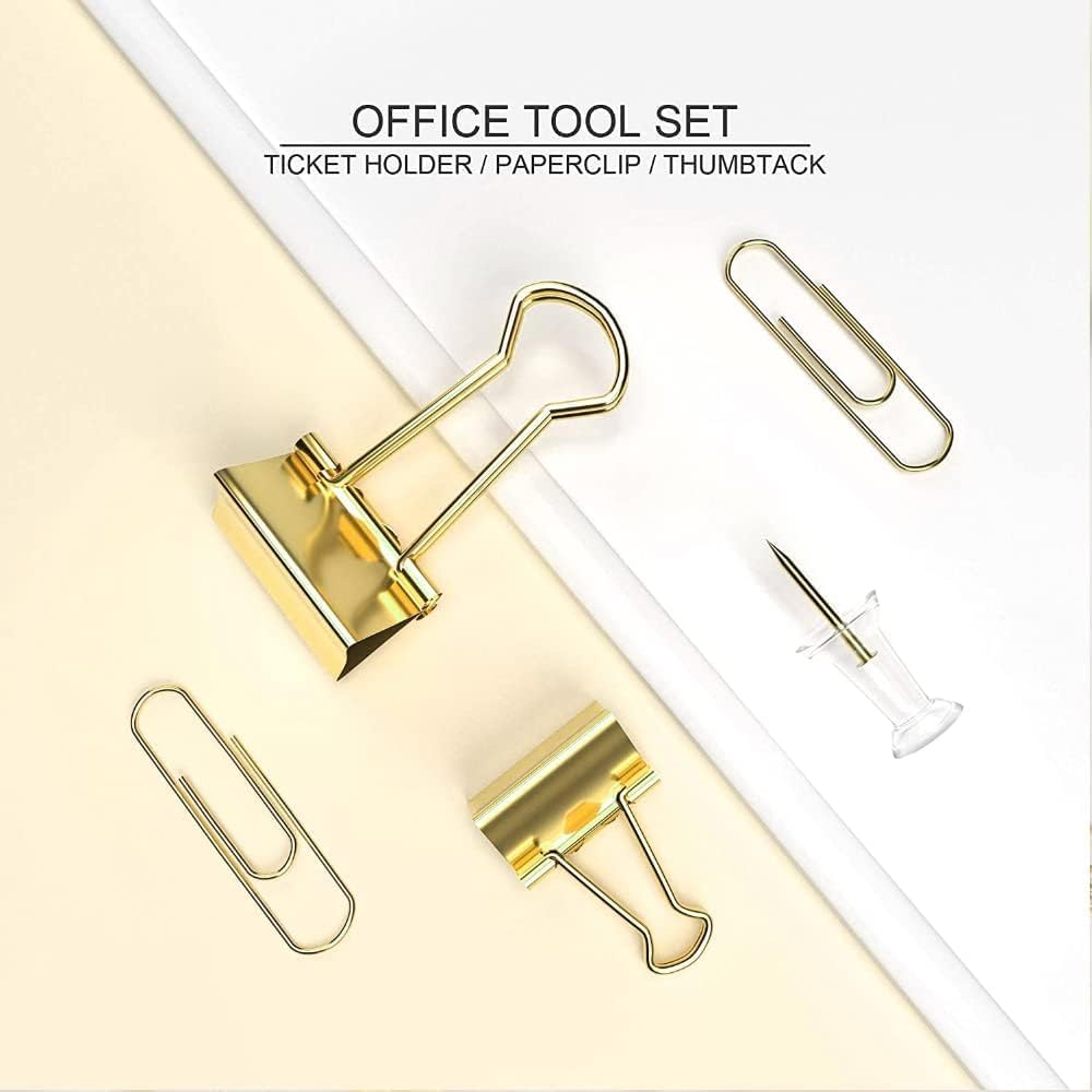 10 Pack, Gold Paper Clips and Binder Clips Set, Metal Assorted Sized Binders with Push Pins, Cute Gold Office Supplies for Desk, Desk Accessories
