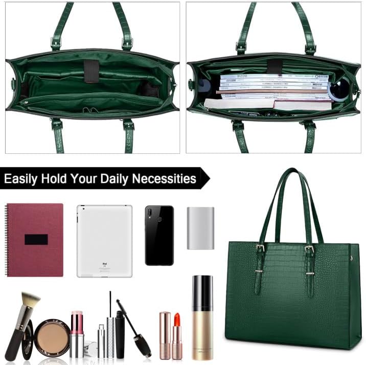 Laptop Bag for Women 15.6 Inch Laptop Tote Bag Leather Classy Computer Briefcase for Work Waterproof Handbag Professional Shoulder Bag Women Business Office Bag Large Capacity Green