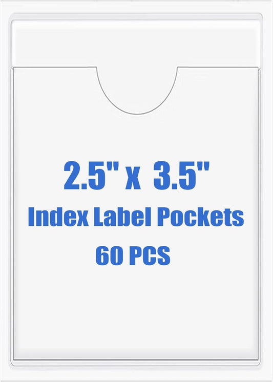 Origin-Joy 60 PCS Self Adhesive Index Card Pockets with Top Open, Clear Plastic Label Holder for Cards of Note, Library and Business, Adhesive Label Pockets & Card Holder (2.5 x 3.5 inch)