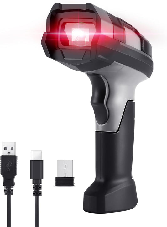 Barcode Scanner Wireless, JRHC Industrial 1D Laser Bar Code Scanners 2 in 1 Plug and Play Rugged Heavy Duty & IP65 Waterproof, Long-Distance Wireless Handheld Barcode Reader with 1.8" Screen