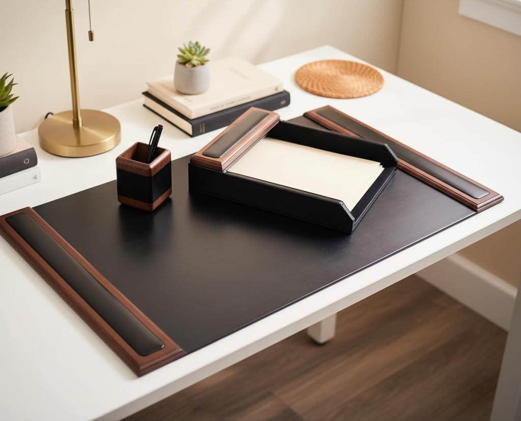 Dacasso Walnut and Leather Desk Set, 3-Piece
