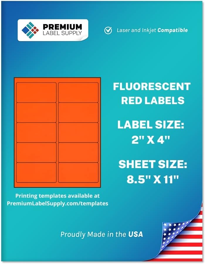 Premium Label Supply Bright Neon Color Fluorescent Stickers - 2" x 4" Labels - (Red Fluorescent, 250 Labels)
