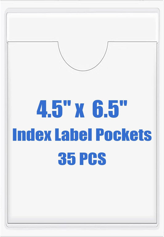 Origin-Joy 35 PCS Self Adhesive Index Card Pockets with Top Open, Clear Plastic Label Holder for Cards of Note, Library and Business, Adhesive Label Pockets & Card Holder (4.5 x 6.5 inch)