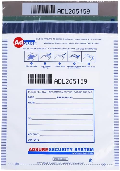 9" x 12",White, 100 Bags, Level 2 Tamper-Evident Deposit Bags for Cash Handling & Valuables, Moisture, Tear-off receipt + Barcodes and Serial Number