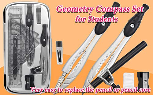 Professional Geometry Compass Set, Starter Compass Set Includes 2 Drafting Compasses, Protractor, 2 Set Squares, Ruler in Storage Box, Back-to-School Math Supplies for Students, Black