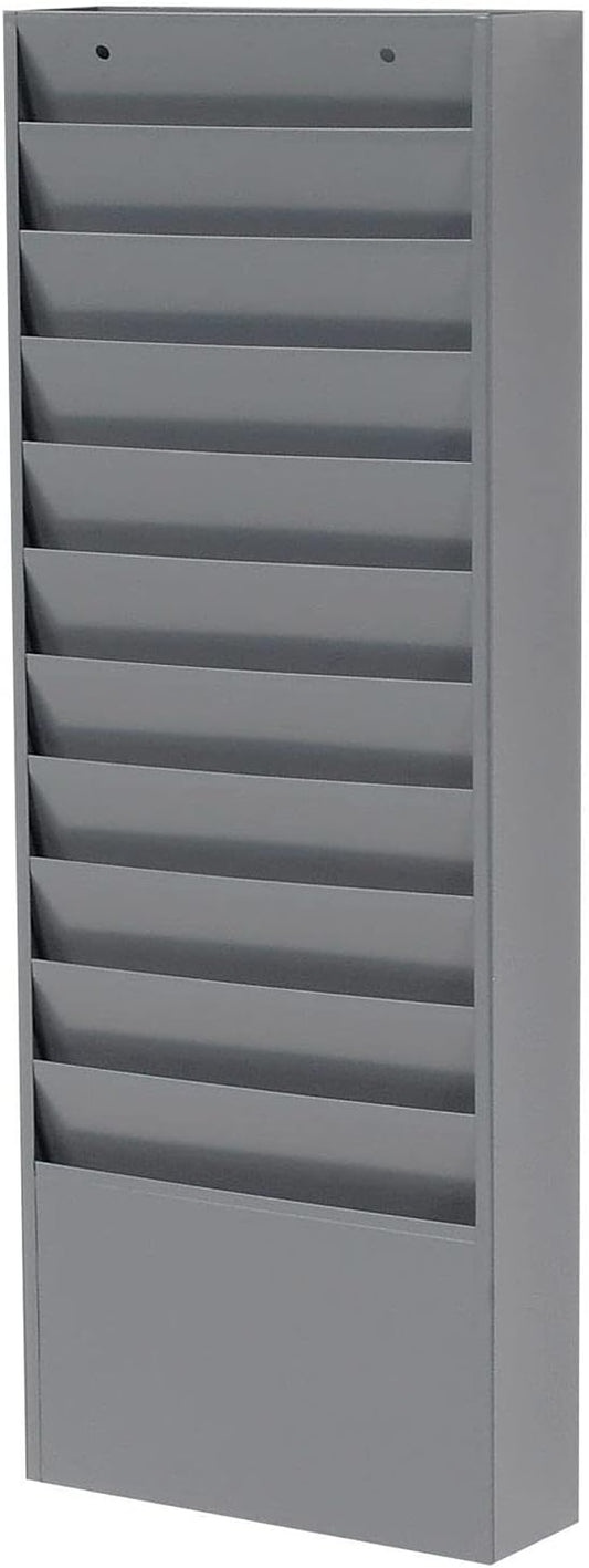 Global Industrial Steel Medical Chart Hanging Wall File Holder, 11 Pockets, Gray, Wall Mounted Magazine and File Folder Holder, 12-1/4"W x 8-3/8"H Pockets
