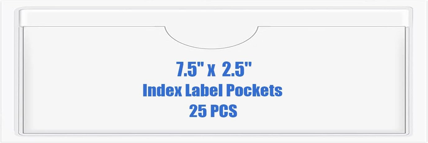 Origin-Joy 25 PCS Self-Adhesive Index Label Pockets, Clear Plastic Peel & Stick Card Holders with Top Open for Loading (7.5 x 2.5 inch)