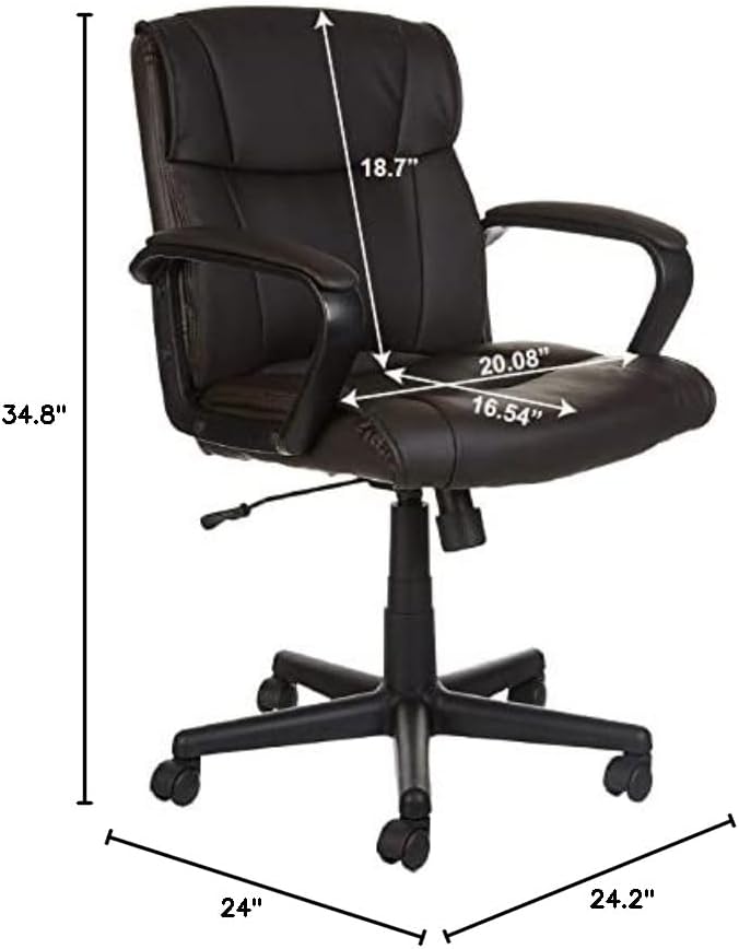 Amazon Basics Office Computer Task Desk Chair with Padded Armrests, Mid-Back, Adjustable, 360 Swivel, Rolling, 275 Pound Capacity, 24"D x 24.2"W x 34.8"H, BIFMA Certified, Dark Brown Faux Leather