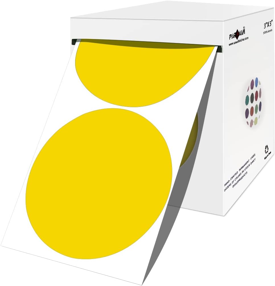 PARLAIM 3 Inch Round Color-Code Dot Stickers, 500 Color Coding Circle Labels per Roll Dispenser Box for Inventory, Yellow