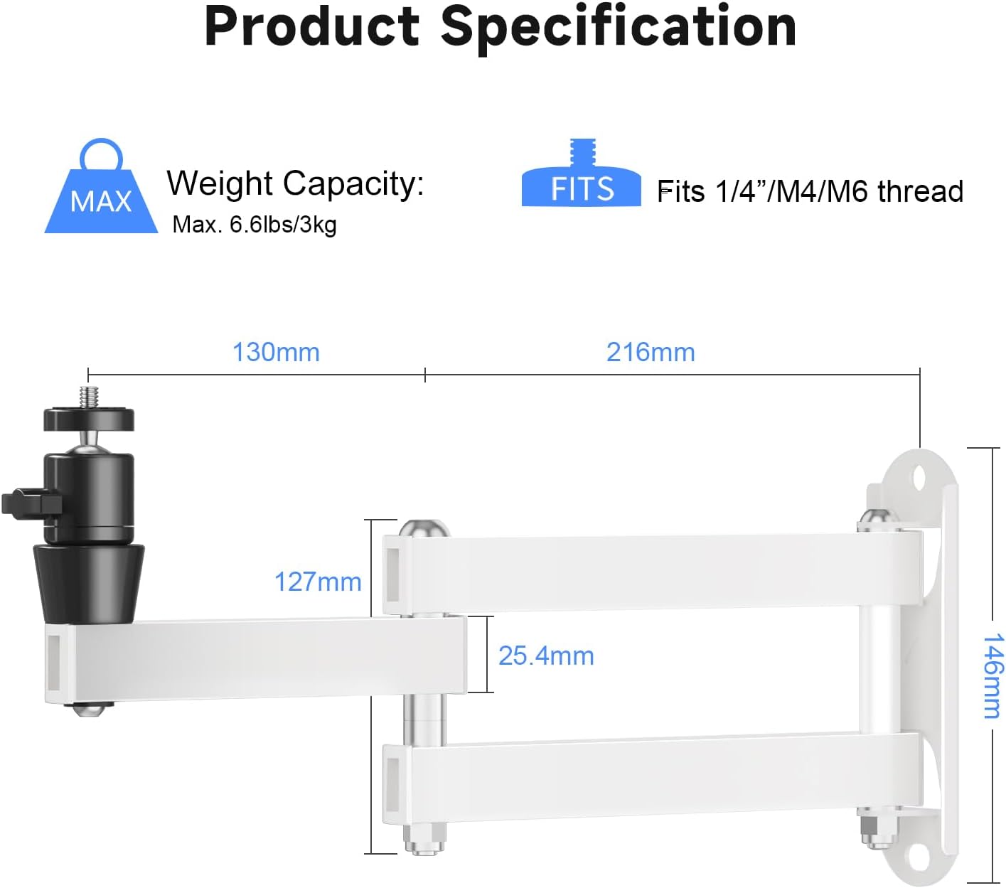 suptek Universal Foldable Projector Wall Mount - Adjustable Bracket for Projectors, Compatible with 1/4", M4 & M6 Screws, Heavy-Duty & Space-Saving Design, White, MA1330YTW