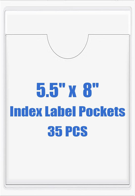 Origin-Joy 35 PCS Self Adhesive Index Card Pockets with Top Open, Clear Plastic Label Holder for Cards of Note, Library and Business, Adhesive Label Pockets & Card Holder (5.5 x 8 inch)