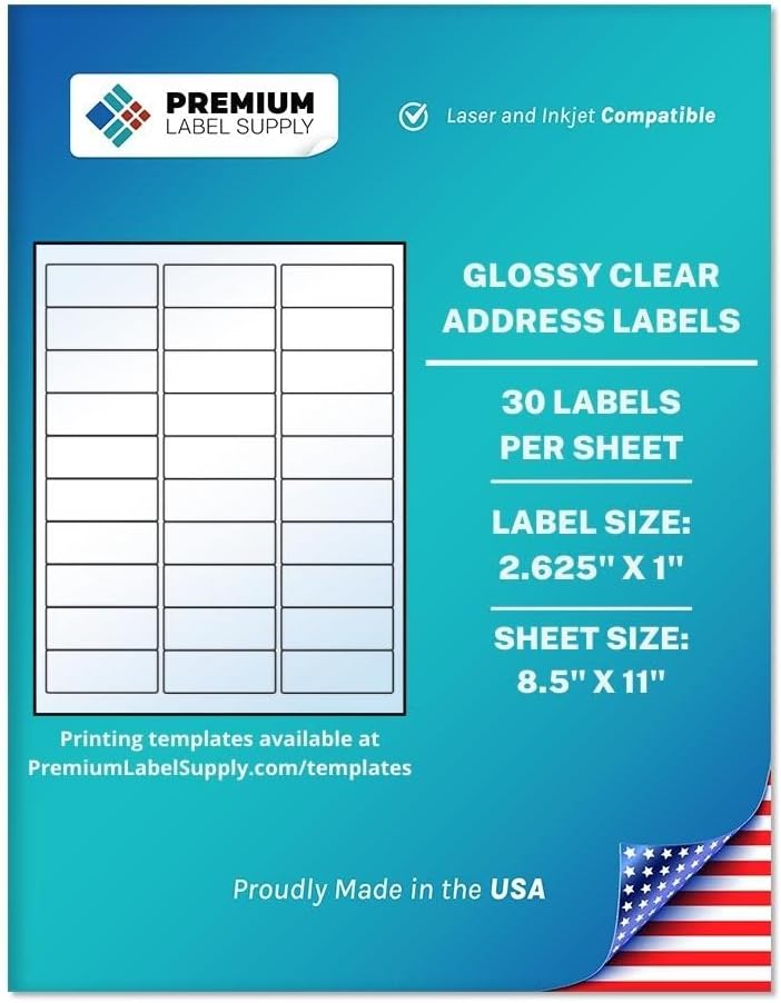 Premium Label Supply Glossy Clear Address Labels – 2.625" x 1" – Laser/Inkjet Compatible – (30 per Sheet), 100 Sheets - 3,000 Total Adhesive Labels