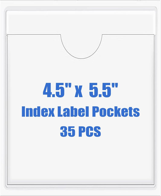 Origin-Joy 35 PCS Self Adhesive Index Card Pockets with Top Open, Clear Plastic Label Holder for Cards of Note, Library and Business, Adhesive Label Pockets & Card Holder (4.5 x 5.5 inch)