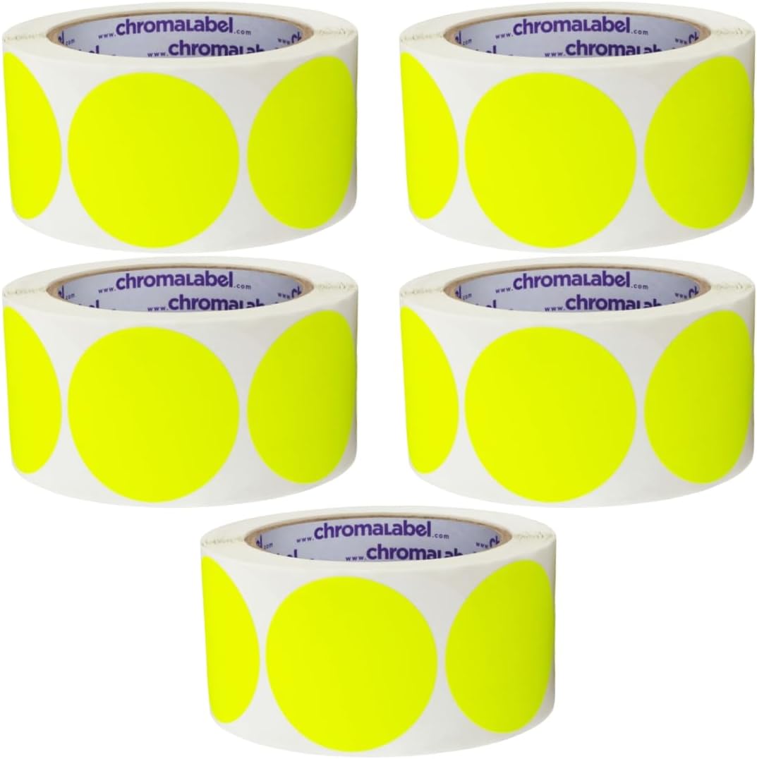 ChromaLabel 2 Inch Round Colored Stickers, High Visibility Permanent Sticky Dots Color Coding Labels, Easy to Write On Dot Stickers - 500 Sticker Dots per Roll, Fluorescent Yellow - Case of 5