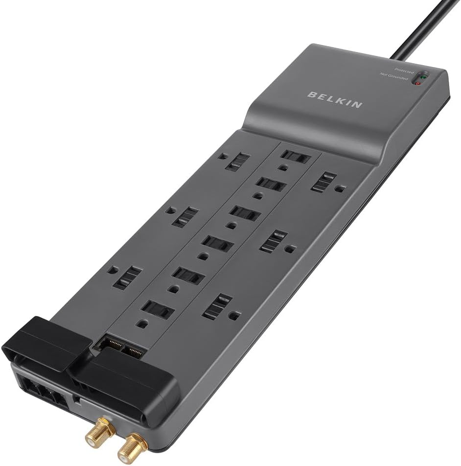 Belkin 12-Outlet Power Strip Surge Protector with 10-Foot Cord and Telephone, Ethernet, Coaxial Protection, BE112234-10, Gray -(Pack of 3)