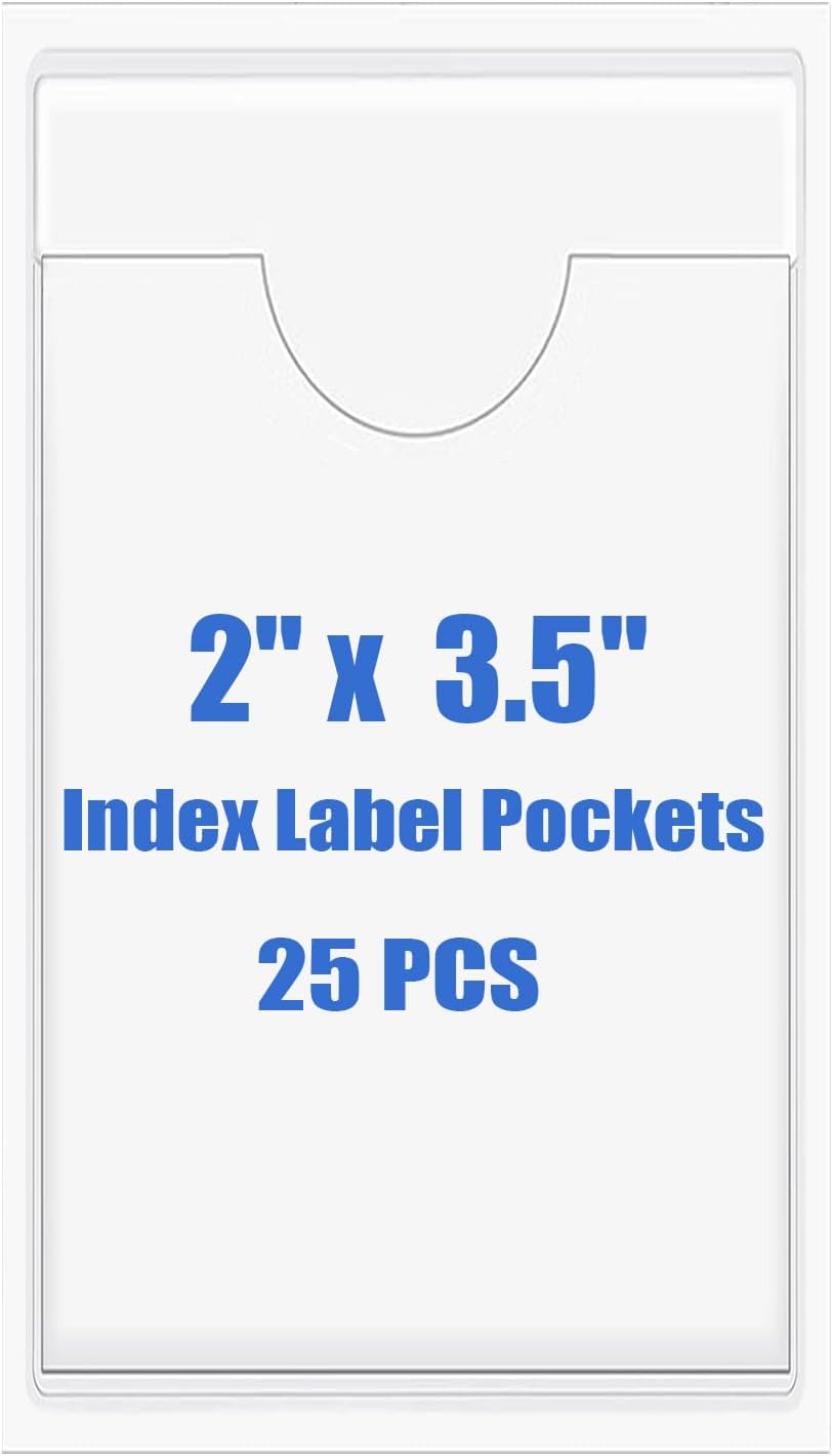 Origin-Joy 25 PCS Self-Adhesive Index Label Pockets, Clear Plastic Peel & Stick Card Holders with Top Open for Loading (2 x 3.5 inch)