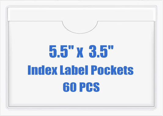 Origin-Joy 60 PCS Self Adhesive Index Card Pockets with Top Open, Clear Plastic Label Holder for Notes, Library and Business, Adhesive Label Pockets & Card Holder (5.5 x 3.5 inch)