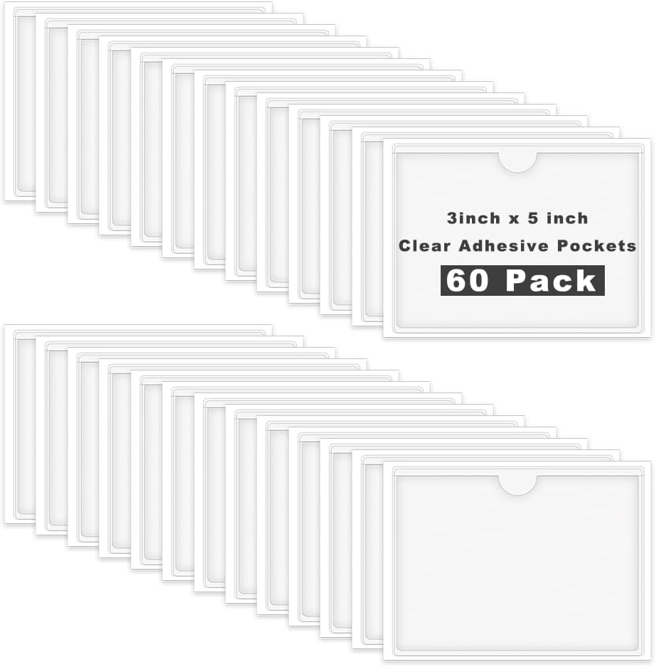 60 Pack 3 X 5 Inches Adhesive Index Card Pockets, Clear Self Adhesive Label Pockets Label Holders Card Holder Shelf Label Holder for Organizing, Storage Bins (3.7 x 5.3 inches)