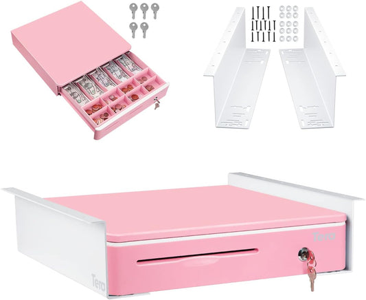 Tera 16" Auto Open Cash Register Drawer with Universal Under Counter Mounting Metal Brackets (Round Corner) Heavy Duty Insert Tray 5 Bill 8 Coin Removable Cash Tray for POS Small Businesses Store 405R