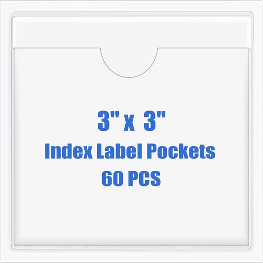 Origin-Joy 60 PCS Self Adhesive Index Card Pockets with Top Open, Clear Plastic Label Holder for Cards of Note, Library and Business, Adhesive Label Pockets & Card Holder (3 x 3 inch)