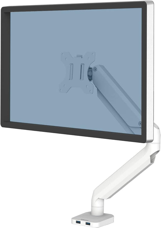 Fellowes Platinum Series Single Monitor Arm for 40-Inch Monitors, Full Motion, 360° Rotation, VESA Mount with Grommet or Clamp, USB Ports, Ergonomic, White, 8056201