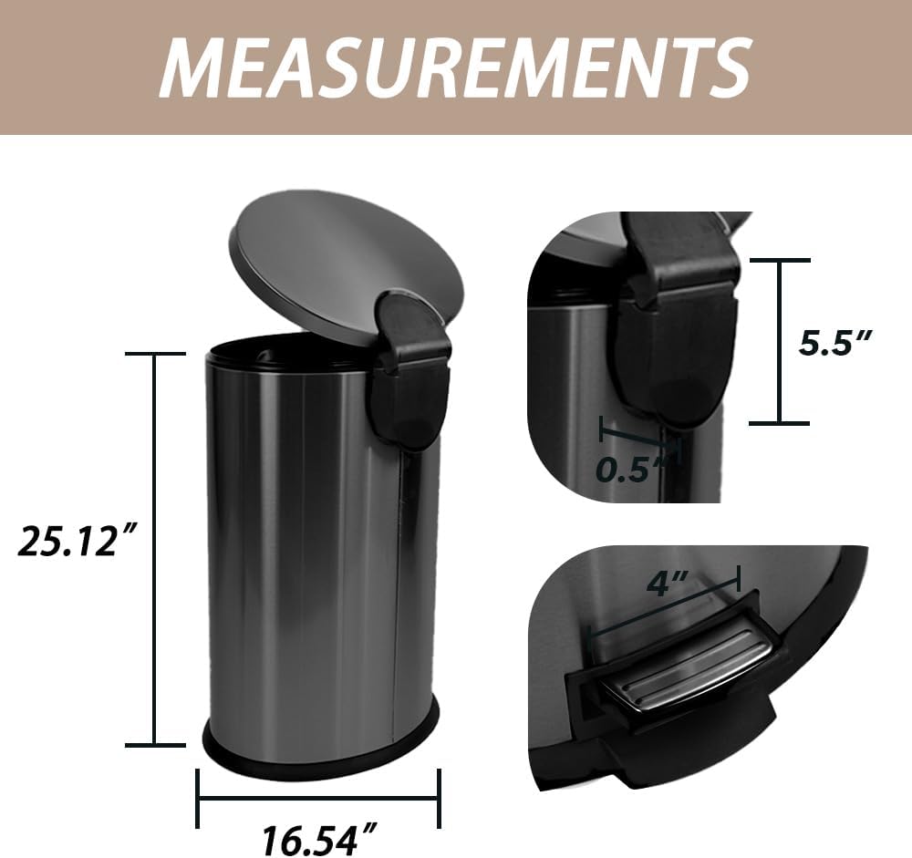 Trash Can with Lid - Assembled in USA 40 Liter/10.5 Gallon Stainless Steel Trash Can with Odor Protection Kitchen Garbage cans with Soft-Close Foot Pedal for Bathroom Home Office, Black