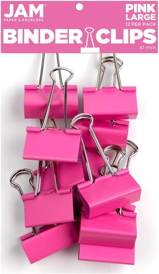 JAM PAPER Colorful Binder Clips - Large - 1 1/2 Inch (41 mm) - Pink Binderclips - 12/Pack